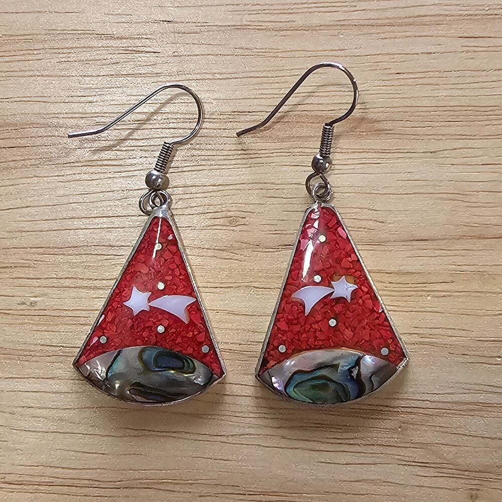 Vintage Alpaca Mexico Shooting Star Celestial Dangle Earrings MOP & Abalone